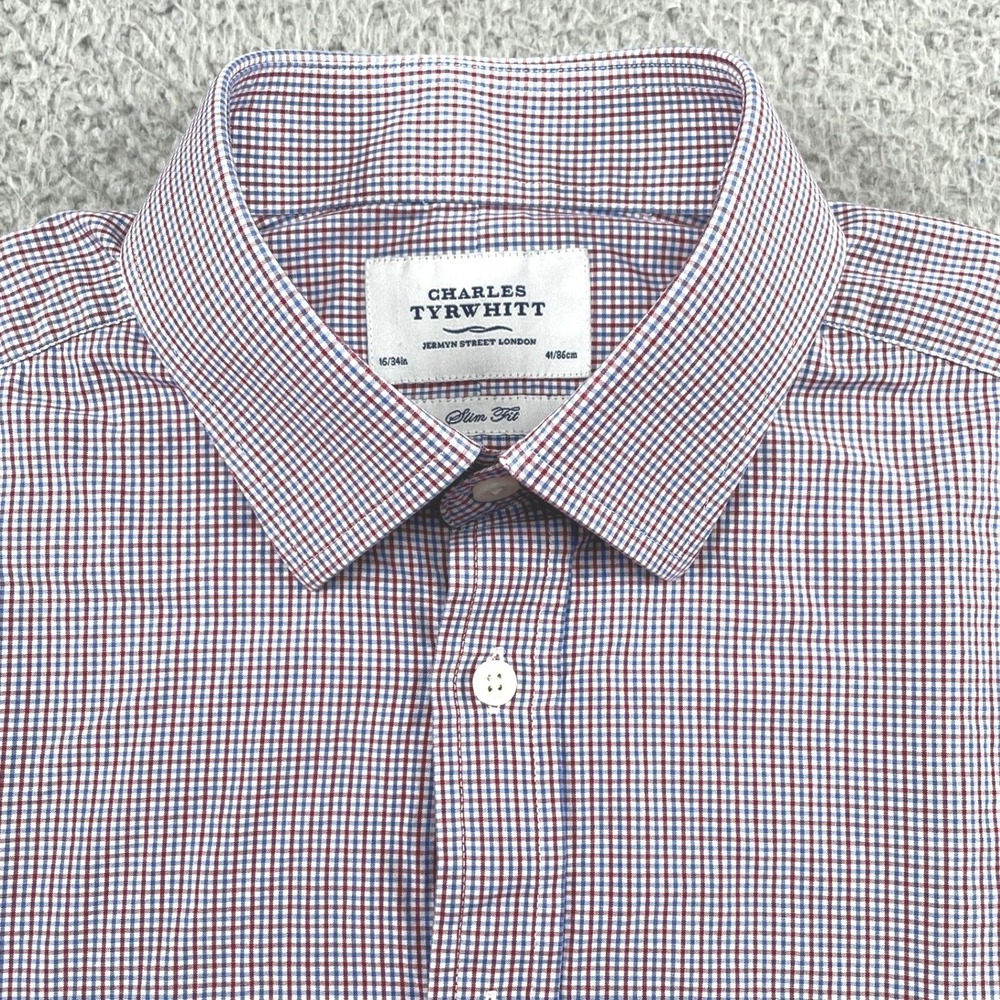 Charles Tyrwhitt Dress Shirt Mens 16/34 Red Blue Micro Check Slim Fit Non-Iron